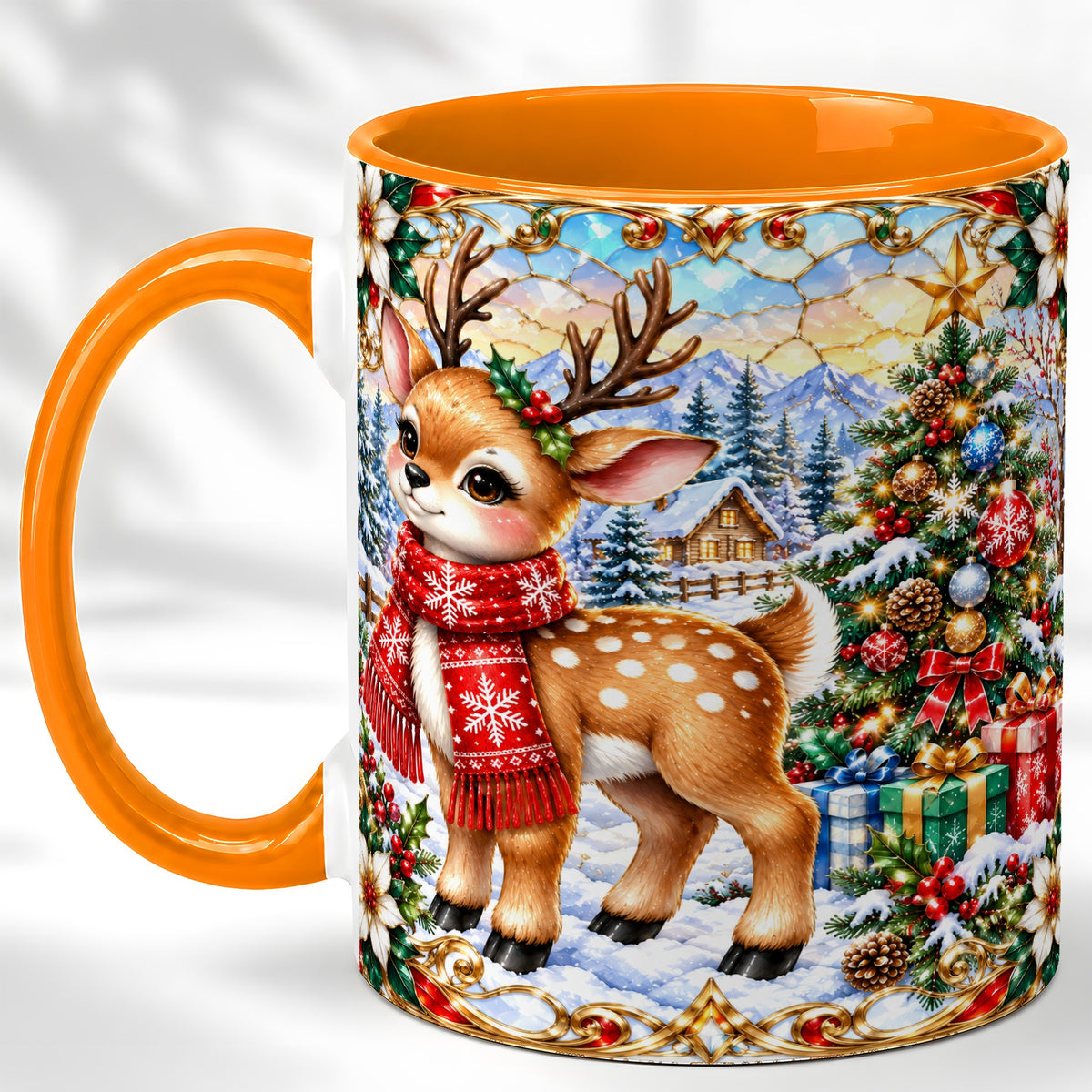#pl[11oz|Orange] Christmas Reindeer Coffee Mug, Winter Deer Mug, Ceramic Cup