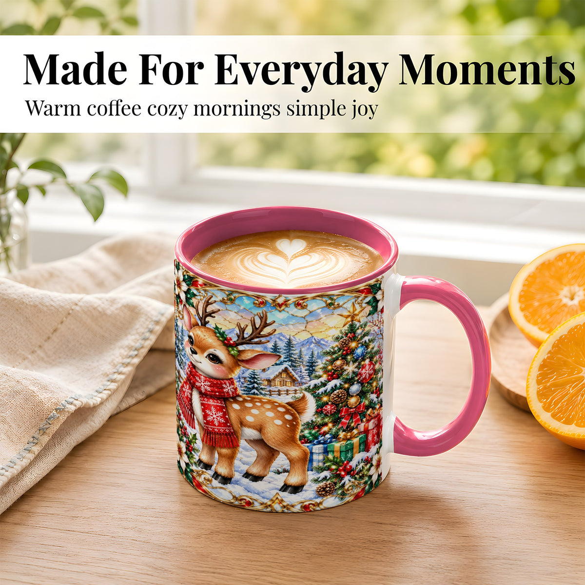 #pl[11oz|Pink] Christmas Reindeer Coffee Mug, Winter Deer Mug, Ceramic Cup