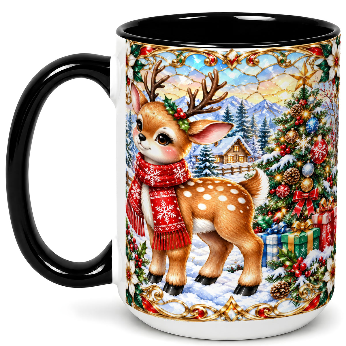 #pl[15oz|Black] Christmas Reindeer Coffee Mug, Winter Deer Mug, Ceramic Cup