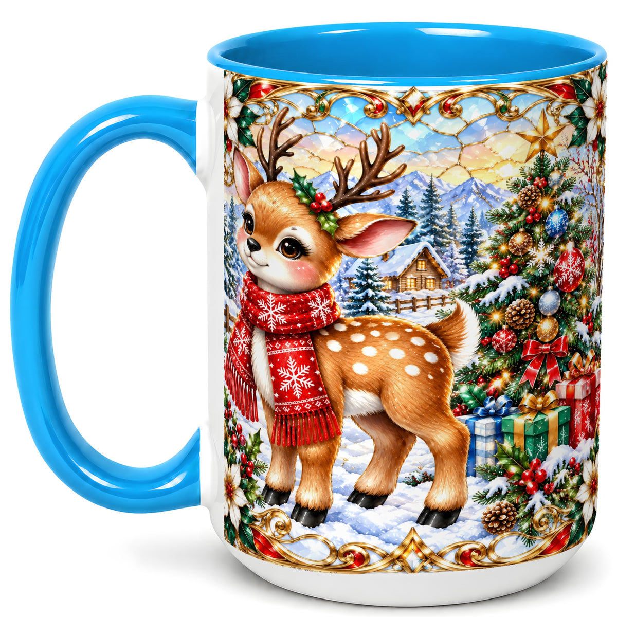 #pl[15oz|Blue] Christmas Reindeer Coffee Mug, Winter Deer Mug, Ceramic Cup