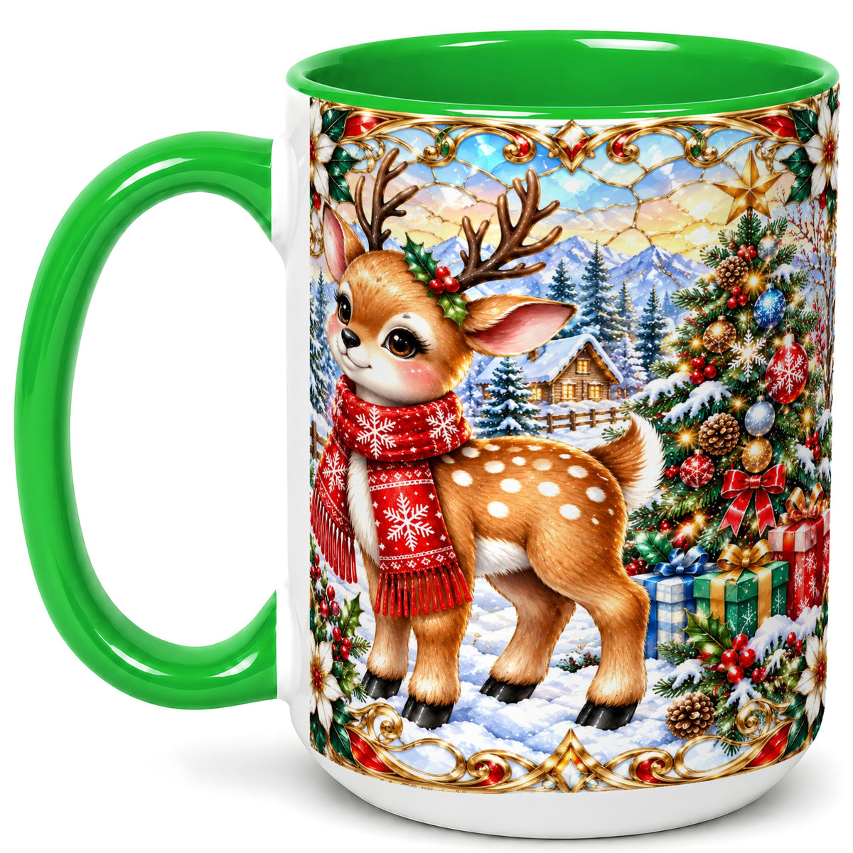 #pl[15oz|Green] Christmas Reindeer Coffee Mug, Winter Deer Mug, Ceramic Cup
