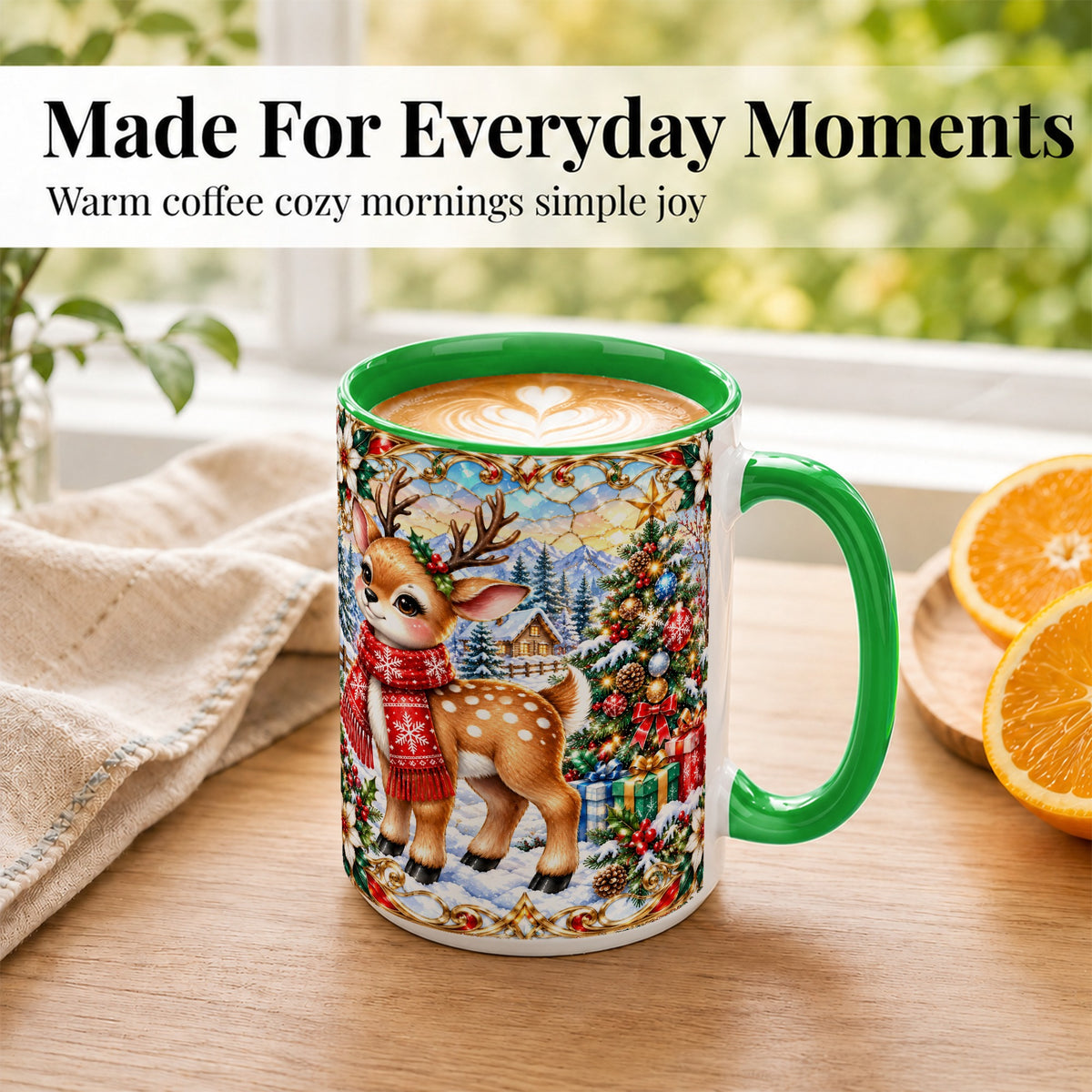 #pl[15oz|Green] Christmas Reindeer Coffee Mug, Winter Deer Mug, Ceramic Cup