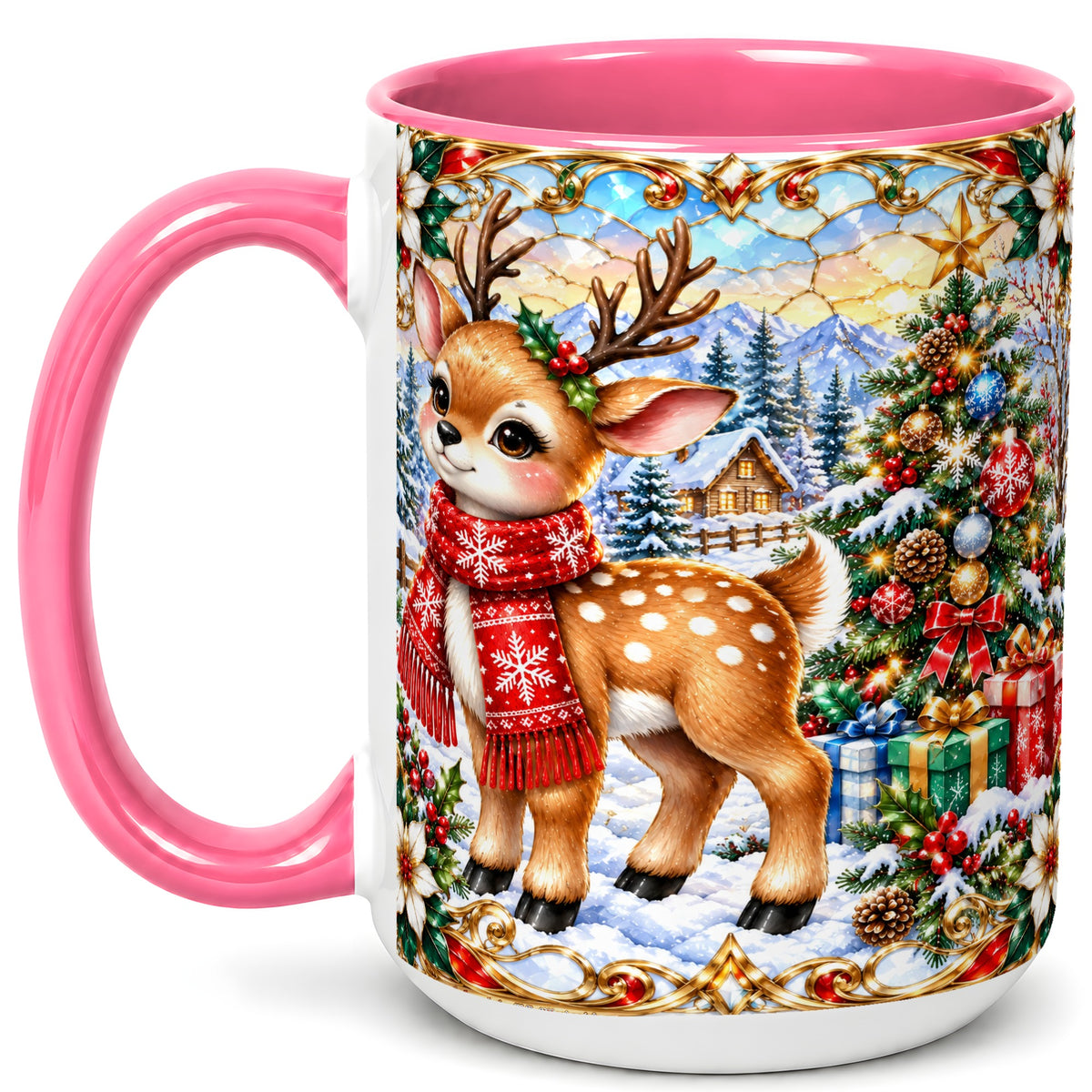 #pl[15oz|Pink] Christmas Reindeer Coffee Mug, Winter Deer Mug, Ceramic Cup