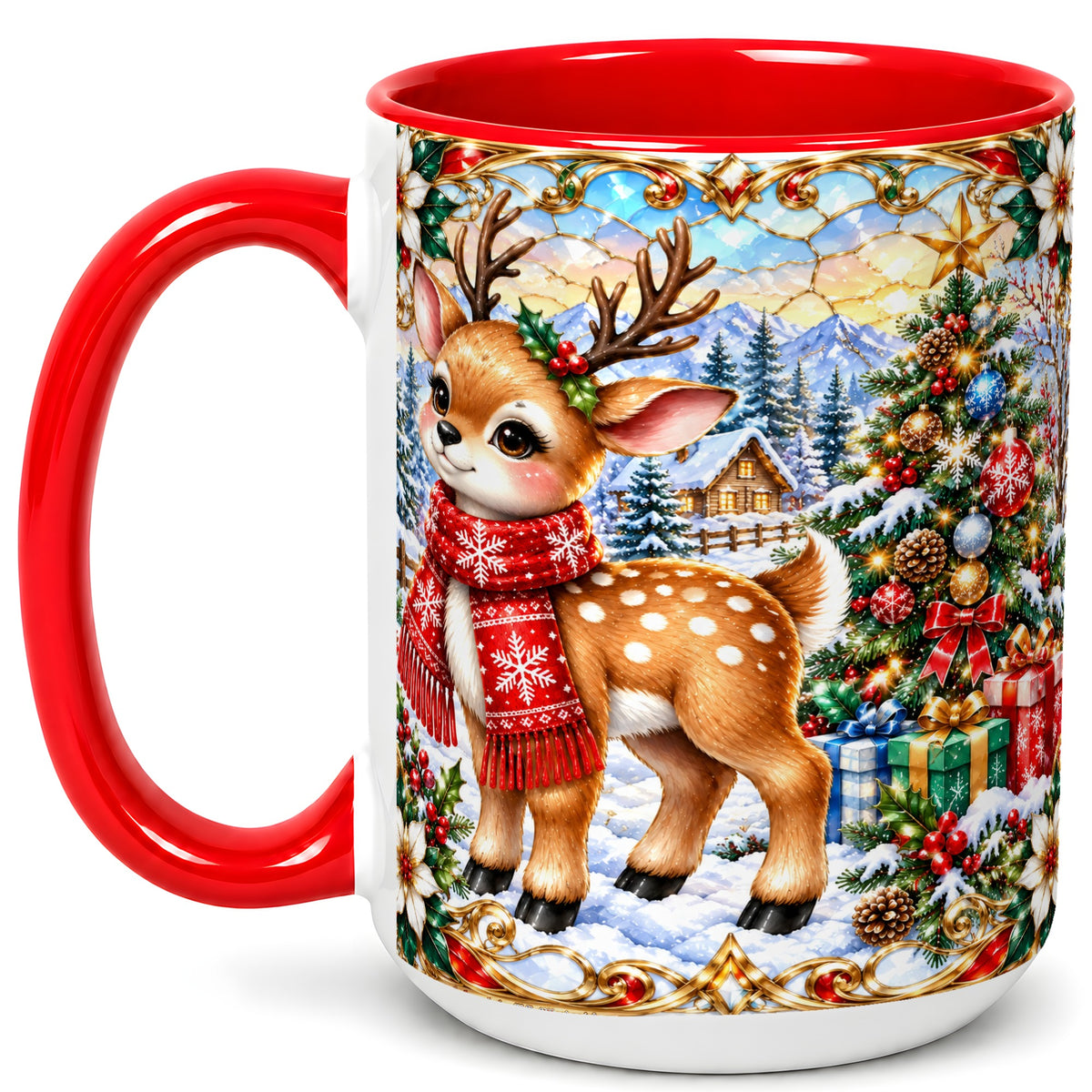#pl[15oz|Red] Christmas Reindeer Coffee Mug, Winter Deer Mug, Ceramic Cup
