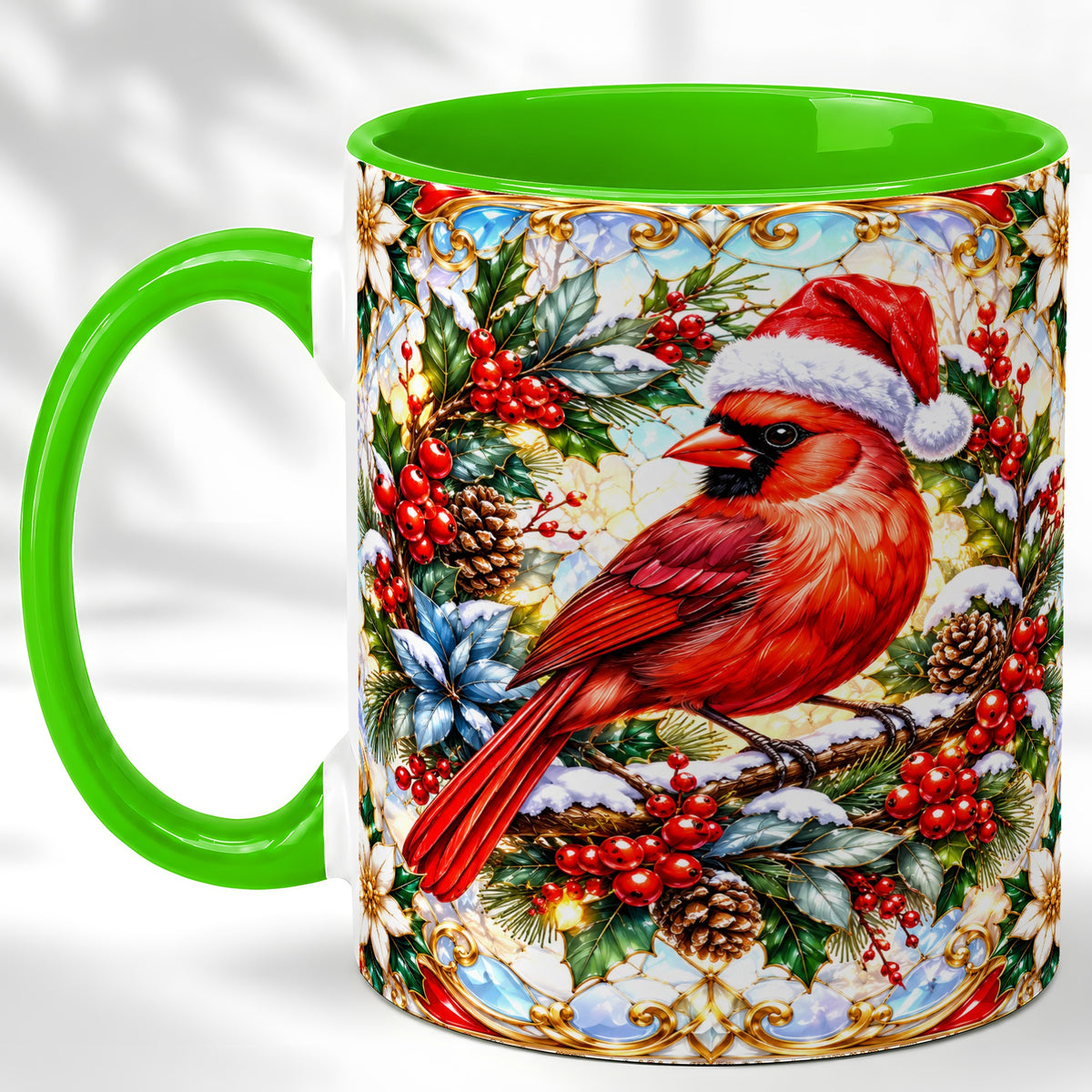 #pl[11oz|Green] Christmas Cardinal Coffee Mug, Red Bird Mug, Ceramic Cup