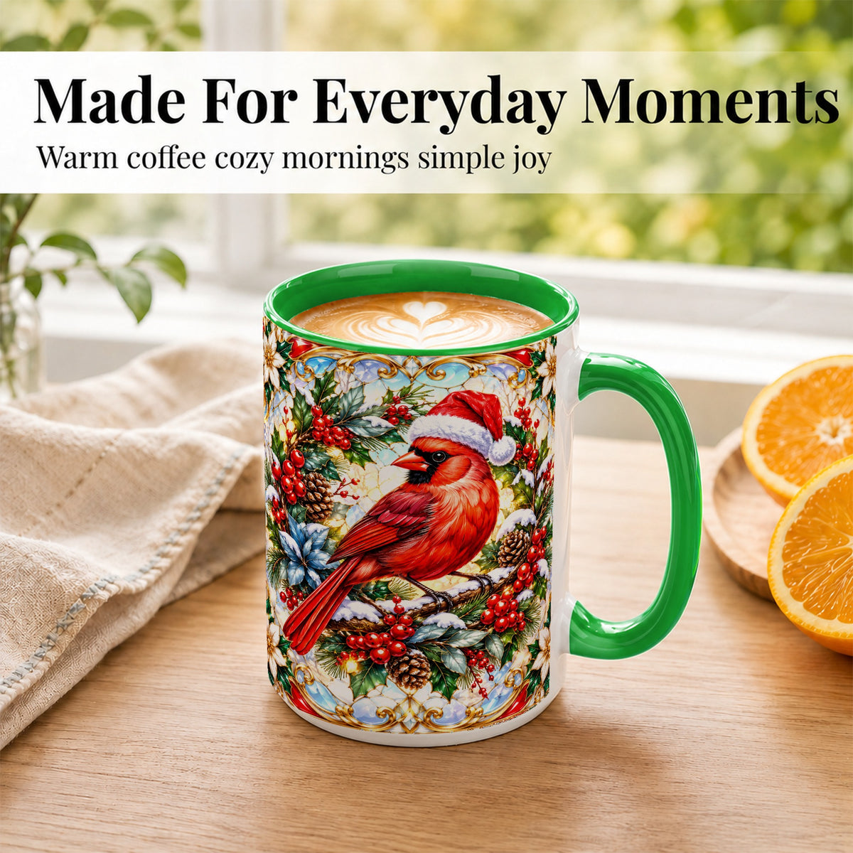 #pl[15oz|Green] Christmas Cardinal Coffee Mug, Red Bird Mug, Ceramic Cup