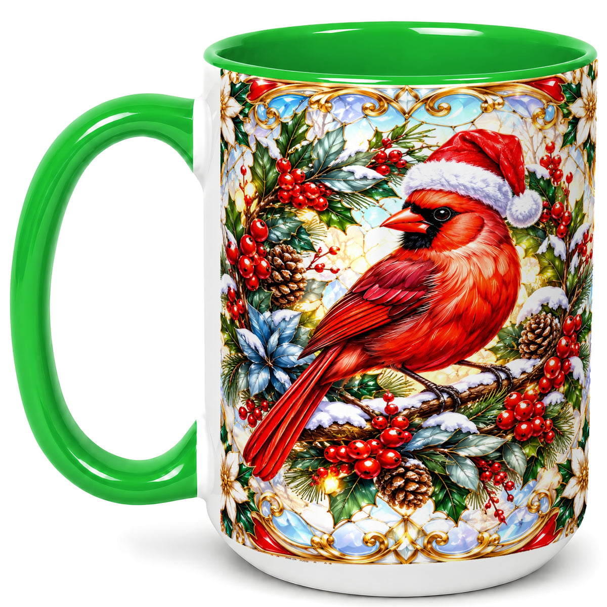 #pl[15oz|Green] Christmas Cardinal Coffee Mug, Red Bird Mug, Ceramic Cup