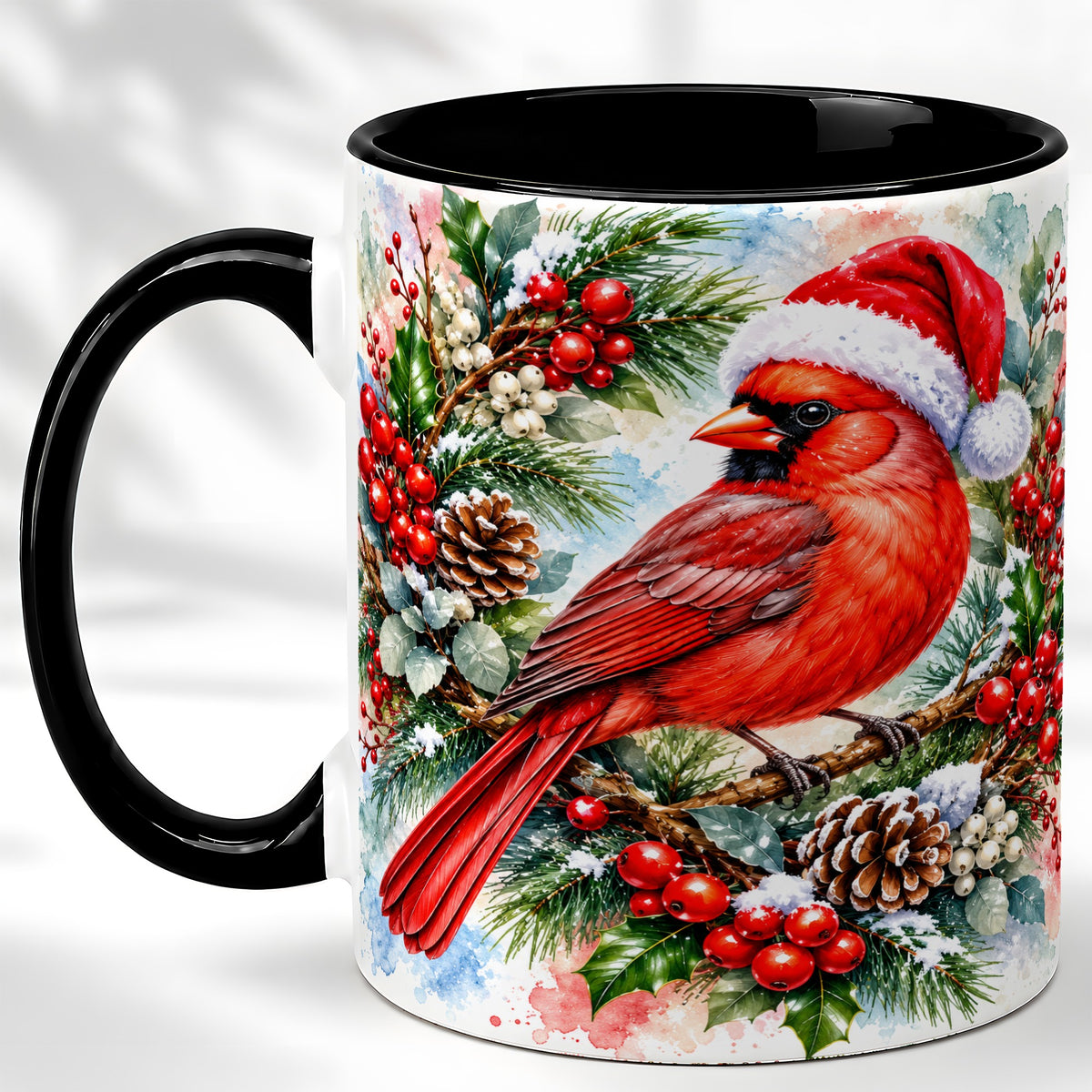 #pl[11oz|Black] Watercolor Cardinal Coffee Mug, Christmas Bird Mug, Ceramic Cup