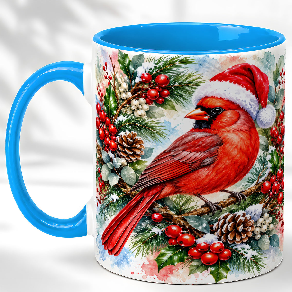 #pl[11oz|Blue] Watercolor Cardinal Coffee Mug, Christmas Bird Mug, Ceramic Cup