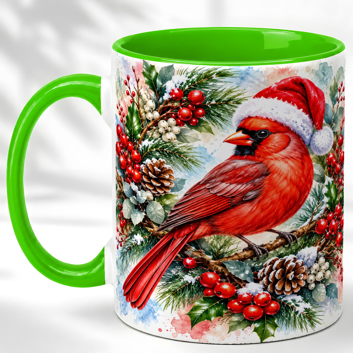 #pl[11oz|Green] Watercolor Cardinal Coffee Mug, Christmas Bird Mug, Ceramic Cup