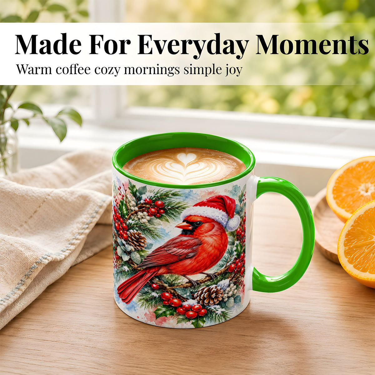 #pl[11oz|Green] Watercolor Cardinal Coffee Mug, Christmas Bird Mug, Ceramic Cup