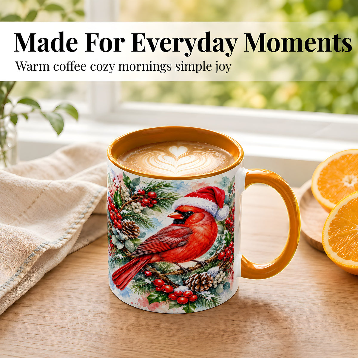 #pl[11oz|Orange] Watercolor Cardinal Coffee Mug, Christmas Bird Mug, Ceramic Cup