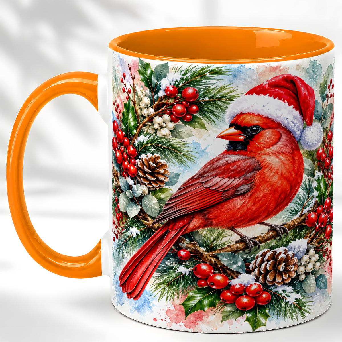 #pl[11oz|Orange] Watercolor Cardinal Coffee Mug, Christmas Bird Mug, Ceramic Cup