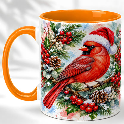 #pl[11oz|Orange] Watercolor Cardinal Coffee Mug, Christmas Bird Mug, Ceramic Cup
