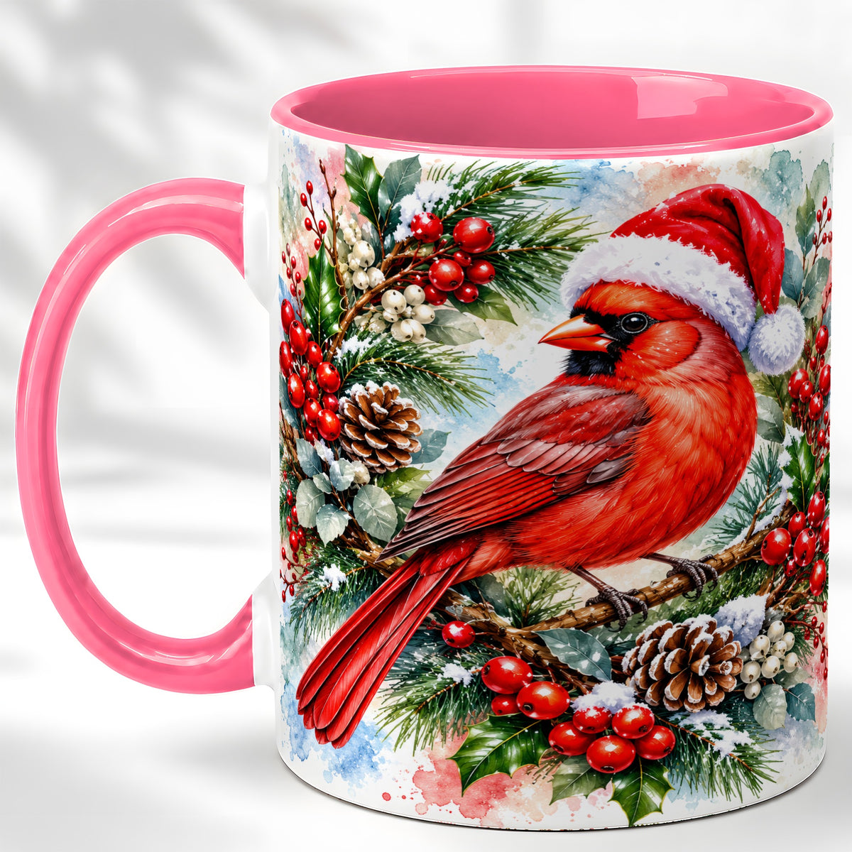 #pl[11oz|Pink] Watercolor Cardinal Coffee Mug, Christmas Bird Mug, Ceramic Cup