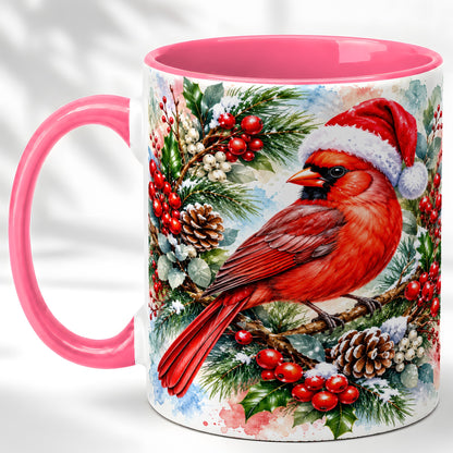 #pl[11oz|Pink] Watercolor Cardinal Coffee Mug, Christmas Bird Mug, Ceramic Cup
