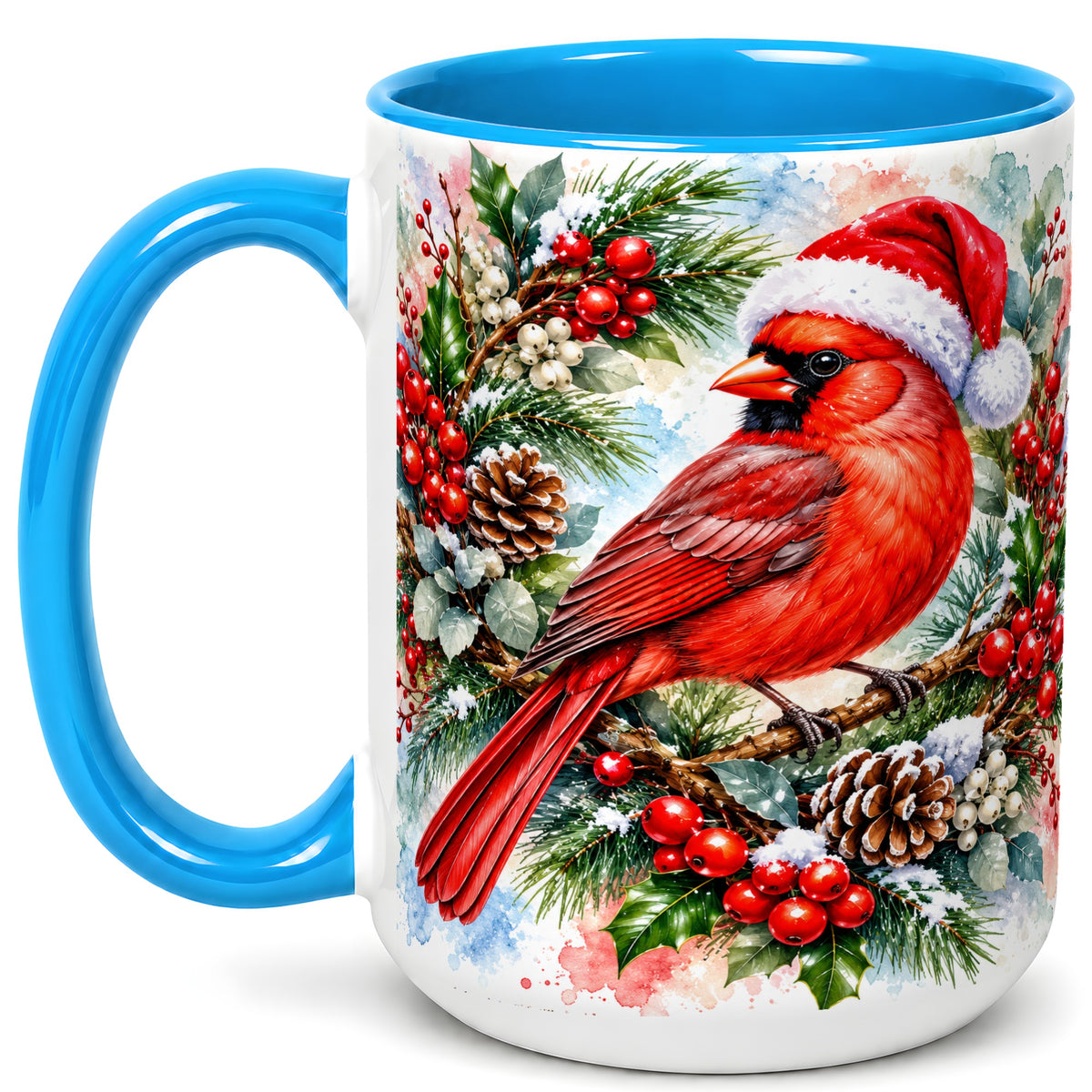 #pl[15oz|Blue] Watercolor Cardinal Coffee Mug, Christmas Bird Mug, Ceramic Cup