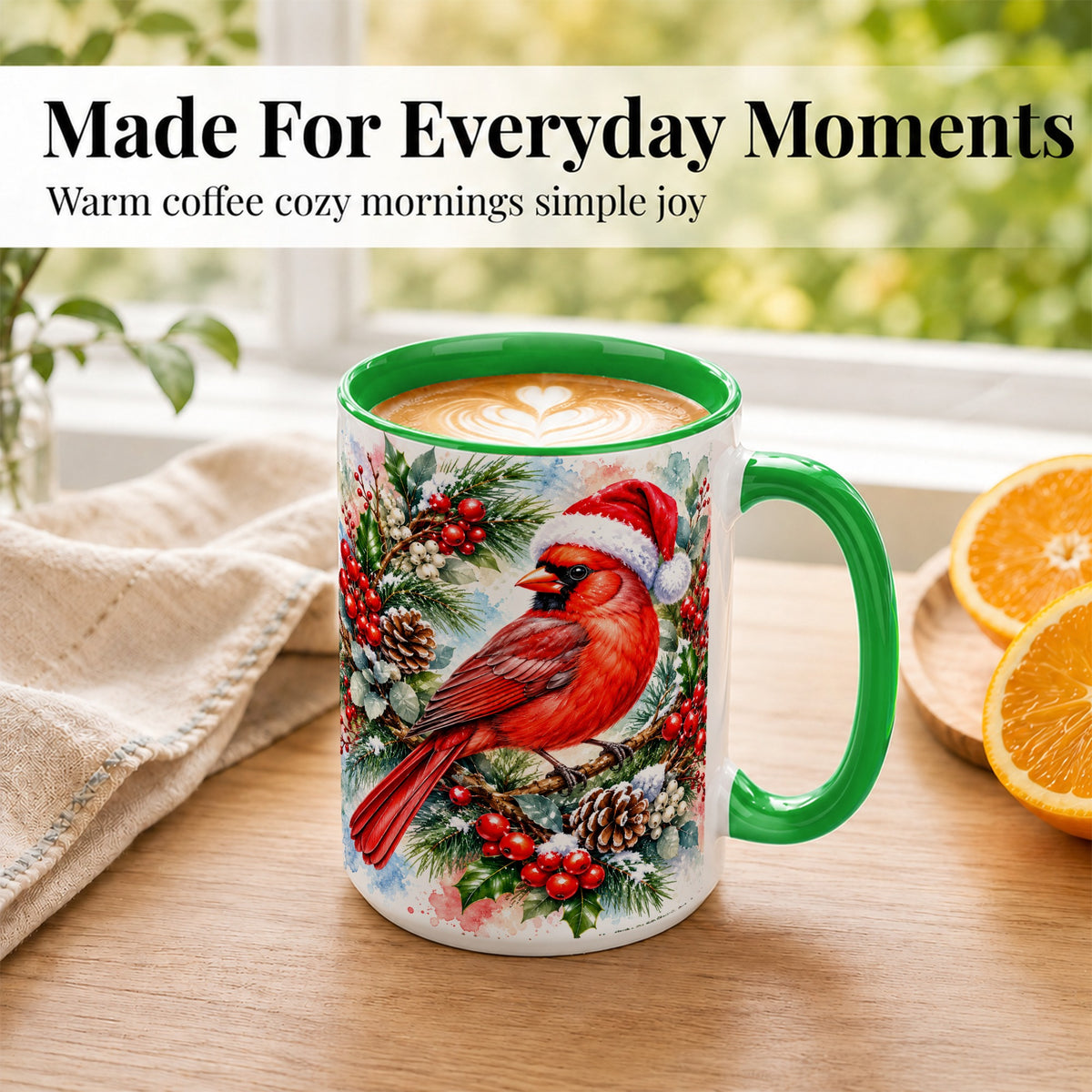 #pl[15oz|Green] Watercolor Cardinal Coffee Mug, Christmas Bird Mug, Ceramic Cup