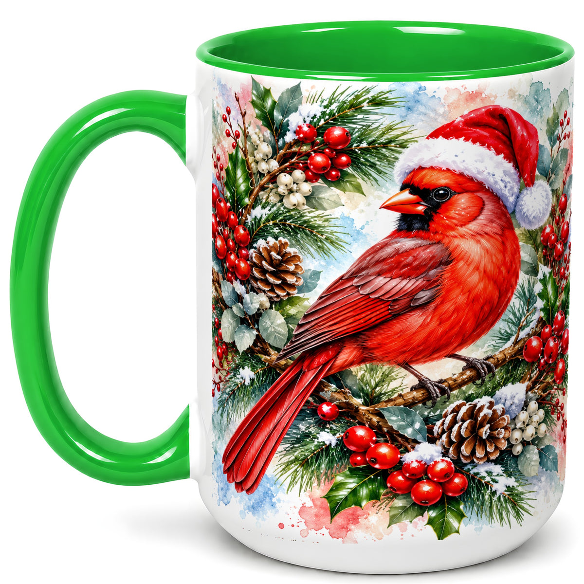 #pl[15oz|Green] Watercolor Cardinal Coffee Mug, Christmas Bird Mug, Ceramic Cup