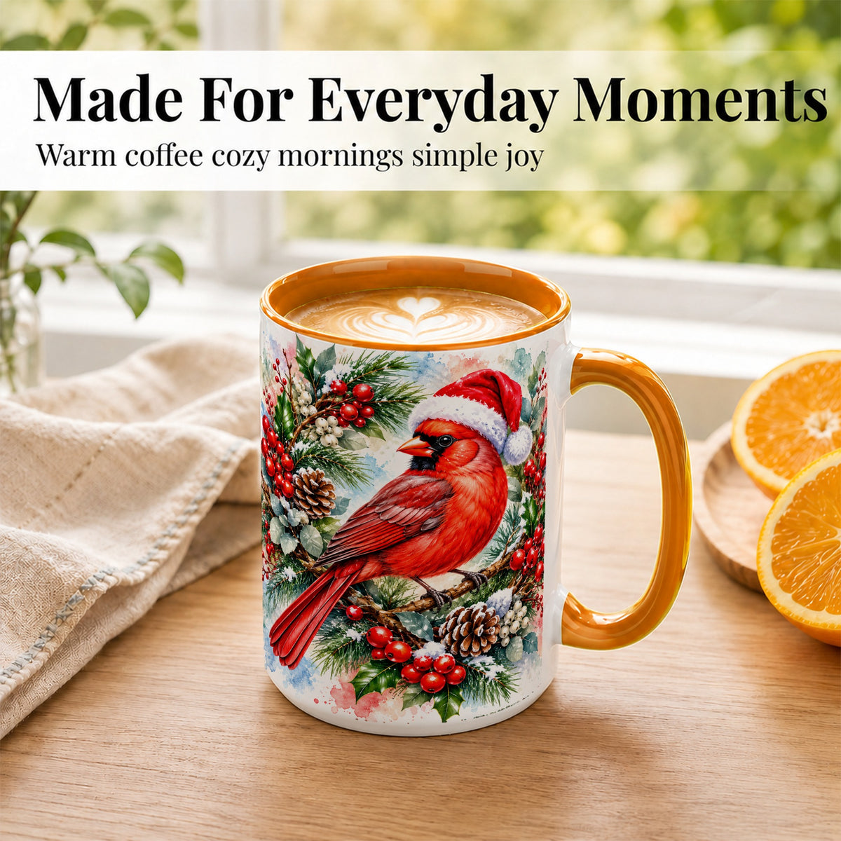 #pl[15oz|Orange] Watercolor Cardinal Coffee Mug, Christmas Bird Mug, Ceramic Cup