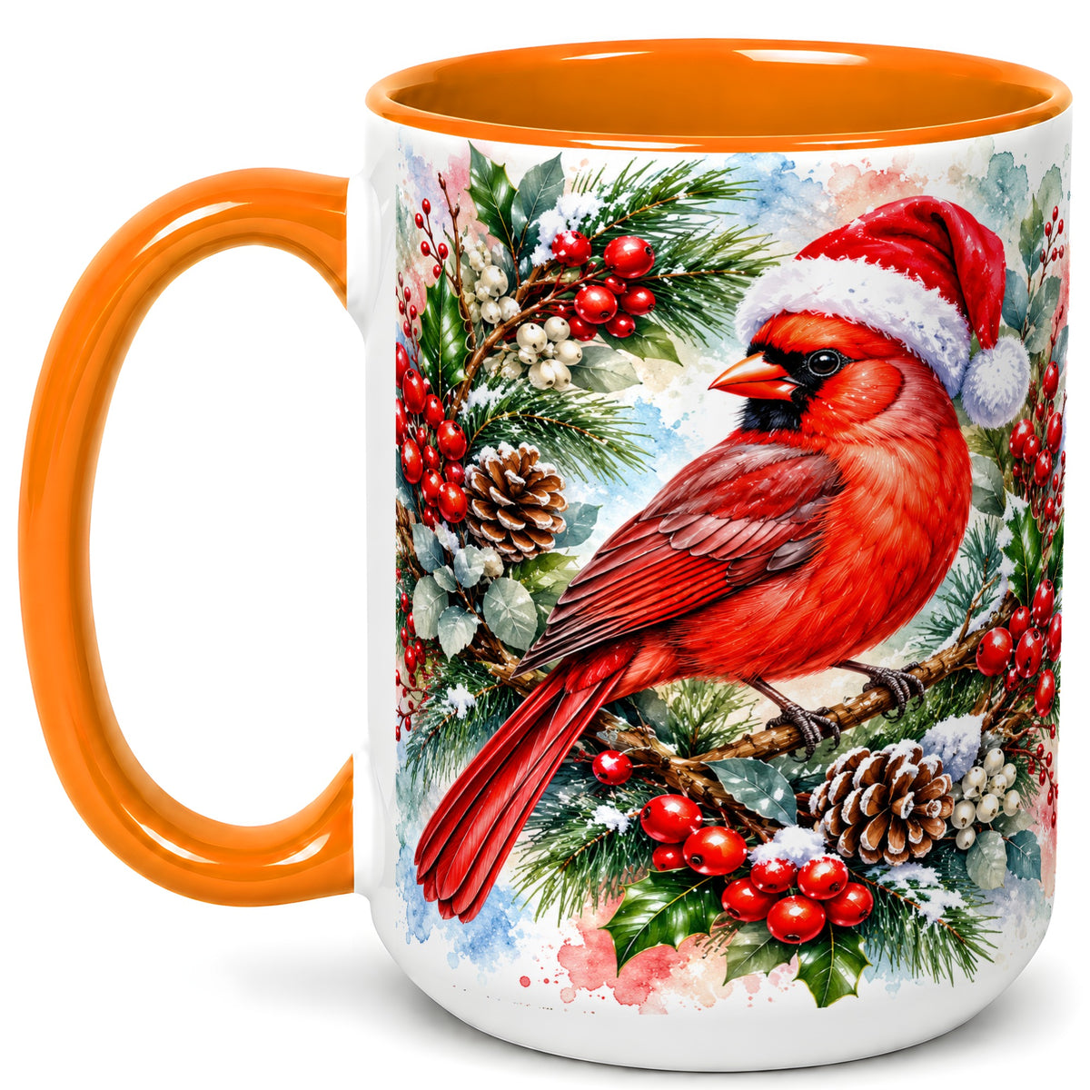 #pl[15oz|Orange] Watercolor Cardinal Coffee Mug, Christmas Bird Mug, Ceramic Cup