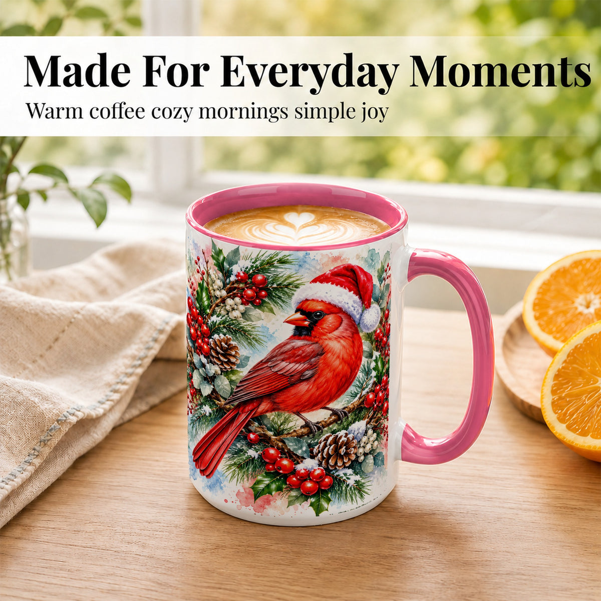 #pl[15oz|Pink] Watercolor Cardinal Coffee Mug, Christmas Bird Mug, Ceramic Cup