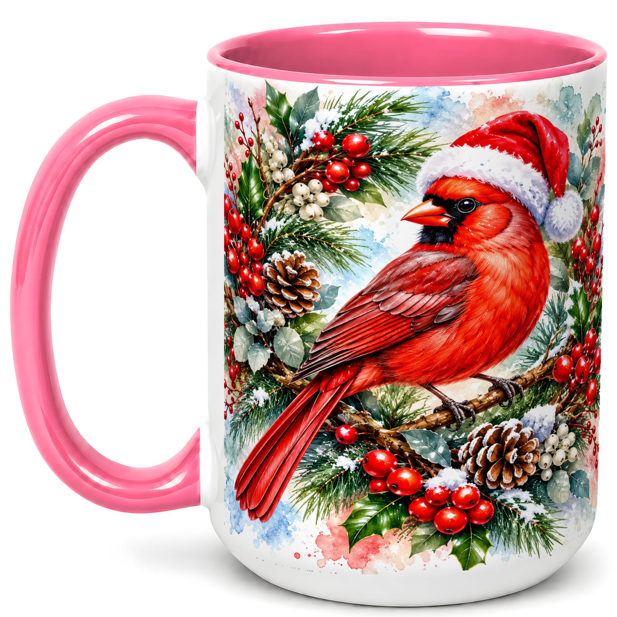 #pl[15oz|Pink] Watercolor Cardinal Coffee Mug, Christmas Bird Mug, Ceramic Cup