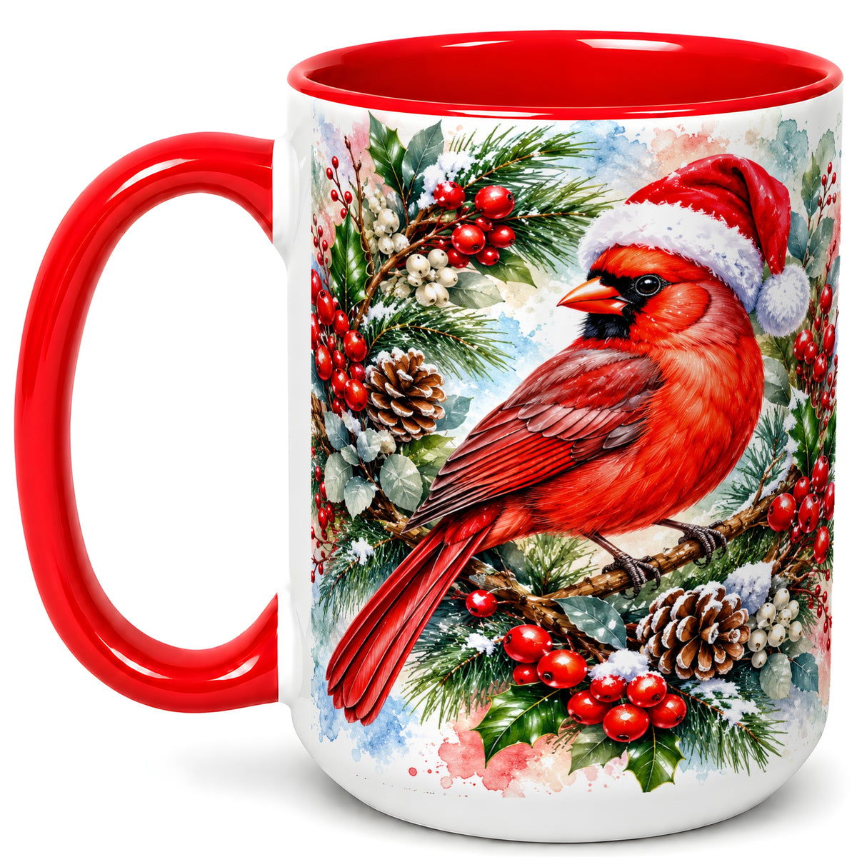 #pl[15oz|Red] Watercolor Cardinal Coffee Mug, Christmas Bird Mug, Ceramic Cup