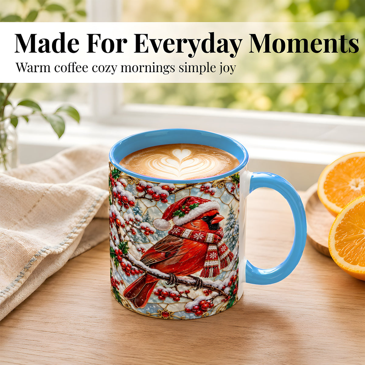 #pl[11oz|Blue] Christmas Cardinal Coffee Mug, Scarf Bird Mug, Ceramic Cup