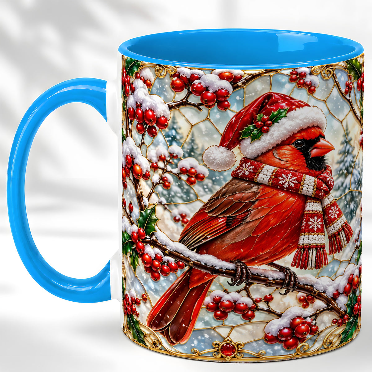 #pl[11oz|Blue] Christmas Cardinal Coffee Mug, Scarf Bird Mug, Ceramic Cup