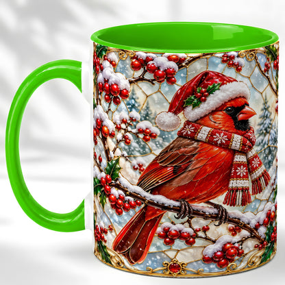 #pl[11oz|Green] Christmas Cardinal Coffee Mug, Scarf Bird Mug, Ceramic Cup