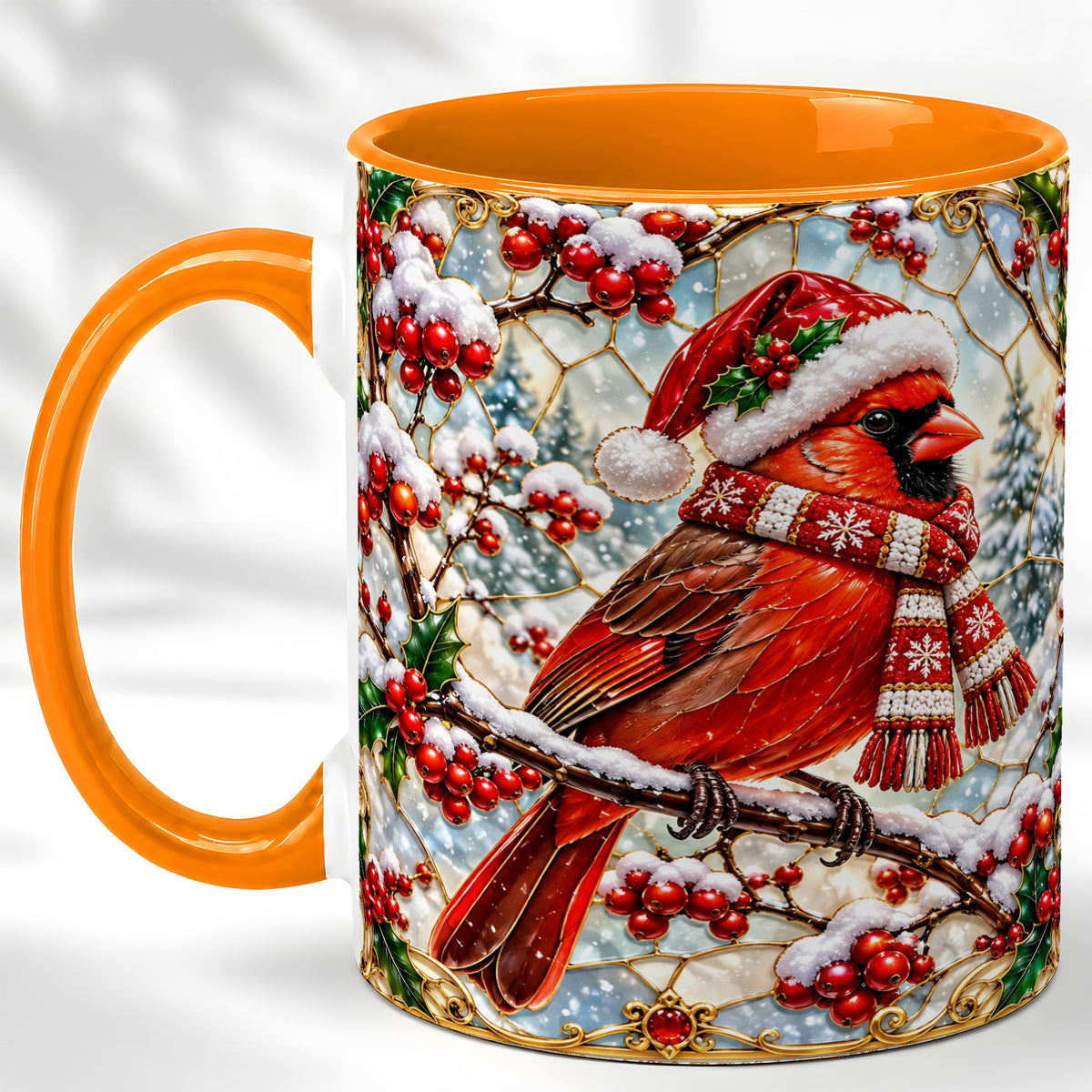#pl[11oz|Orange] Christmas Cardinal Coffee Mug, Scarf Bird Mug, Ceramic Cup