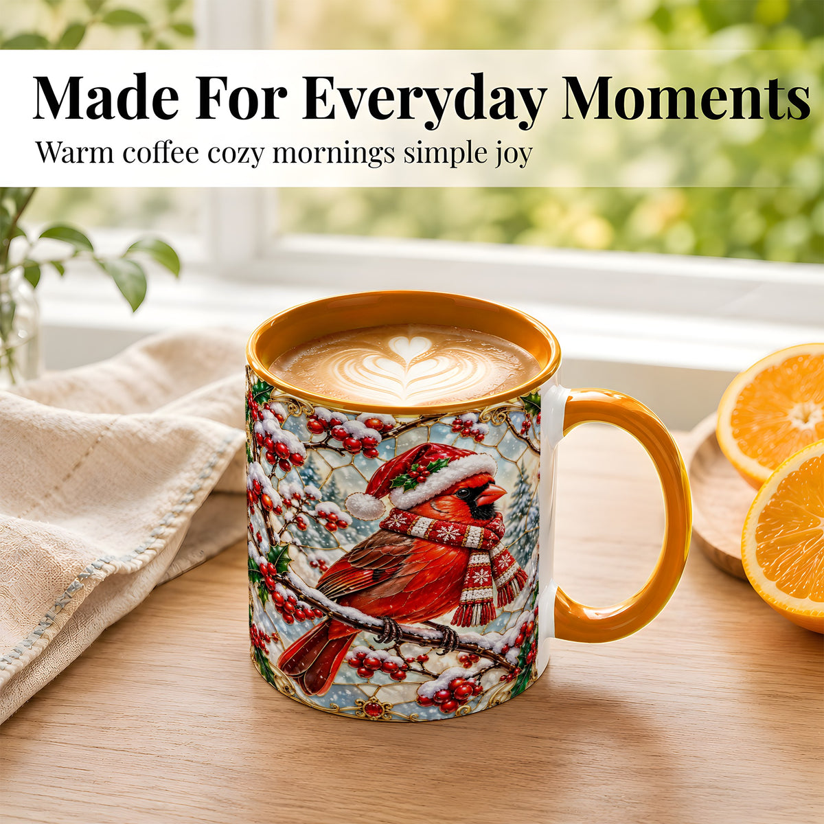 #pl[11oz|Orange] Christmas Cardinal Coffee Mug, Scarf Bird Mug, Ceramic Cup