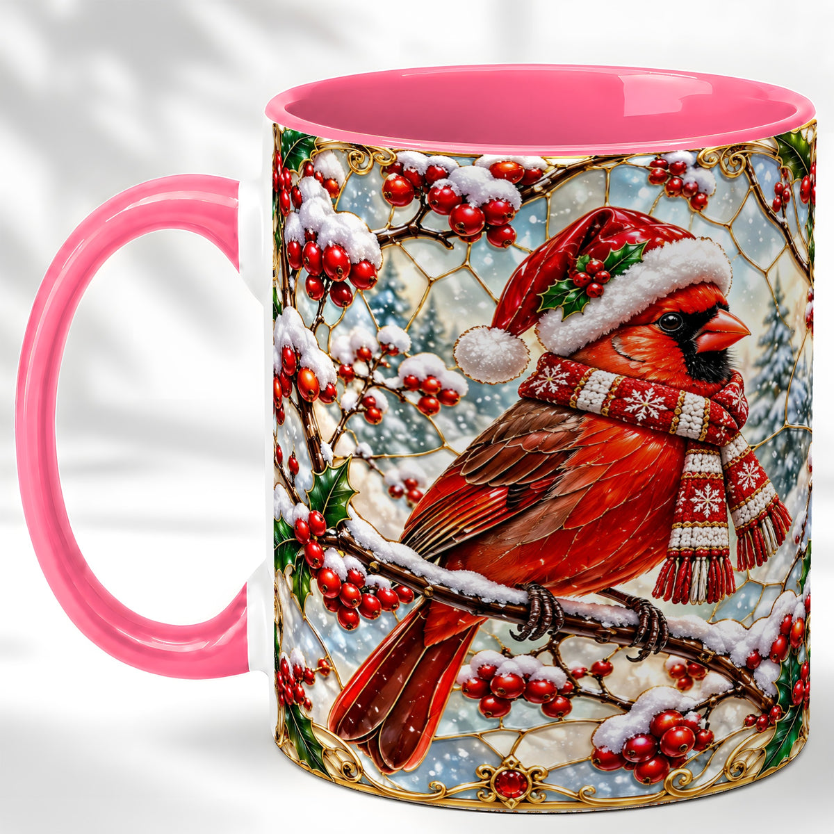 #pl[11oz|Pink] Christmas Cardinal Coffee Mug, Scarf Bird Mug, Ceramic Cup