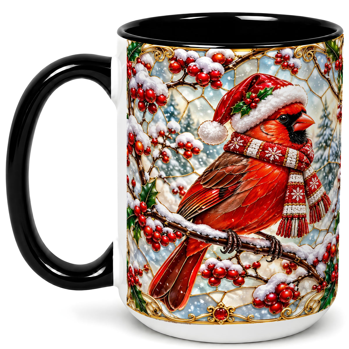 #pl[15oz|Black] Christmas Cardinal Coffee Mug, Scarf Bird Mug, Ceramic Cup