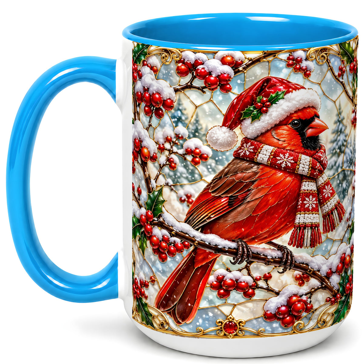 #pl[15oz|Blue] Christmas Cardinal Coffee Mug, Scarf Bird Mug, Ceramic Cup