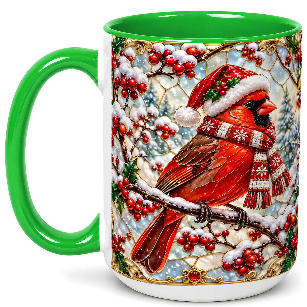 #pl[15oz|Green] Christmas Cardinal Coffee Mug, Scarf Bird Mug, Ceramic Cup