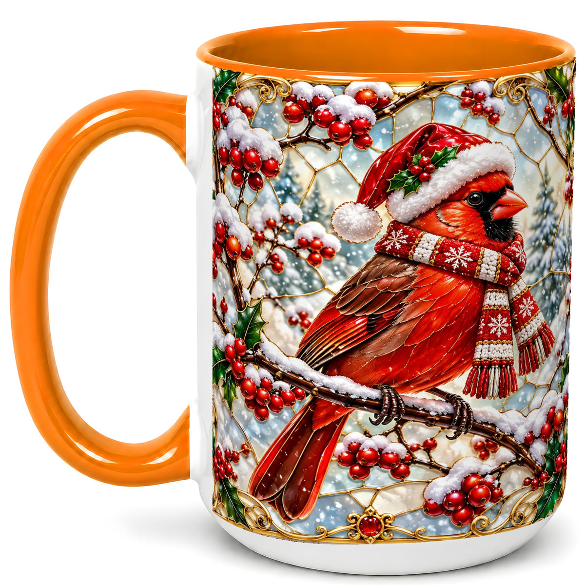 #pl[15oz|Orange] Christmas Cardinal Coffee Mug, Scarf Bird Mug, Ceramic Cup