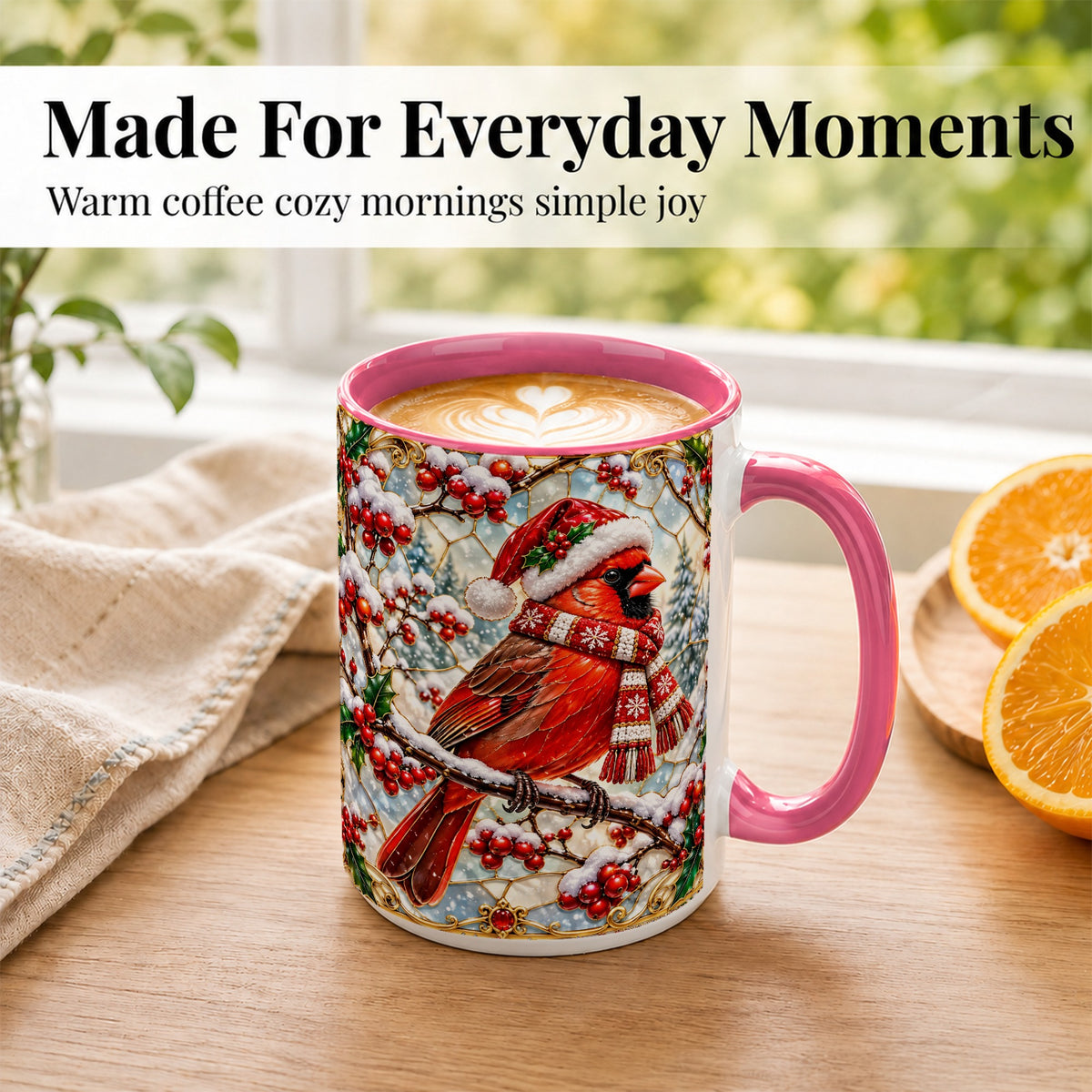 #pl[15oz|Pink] Christmas Cardinal Coffee Mug, Scarf Bird Mug, Ceramic Cup