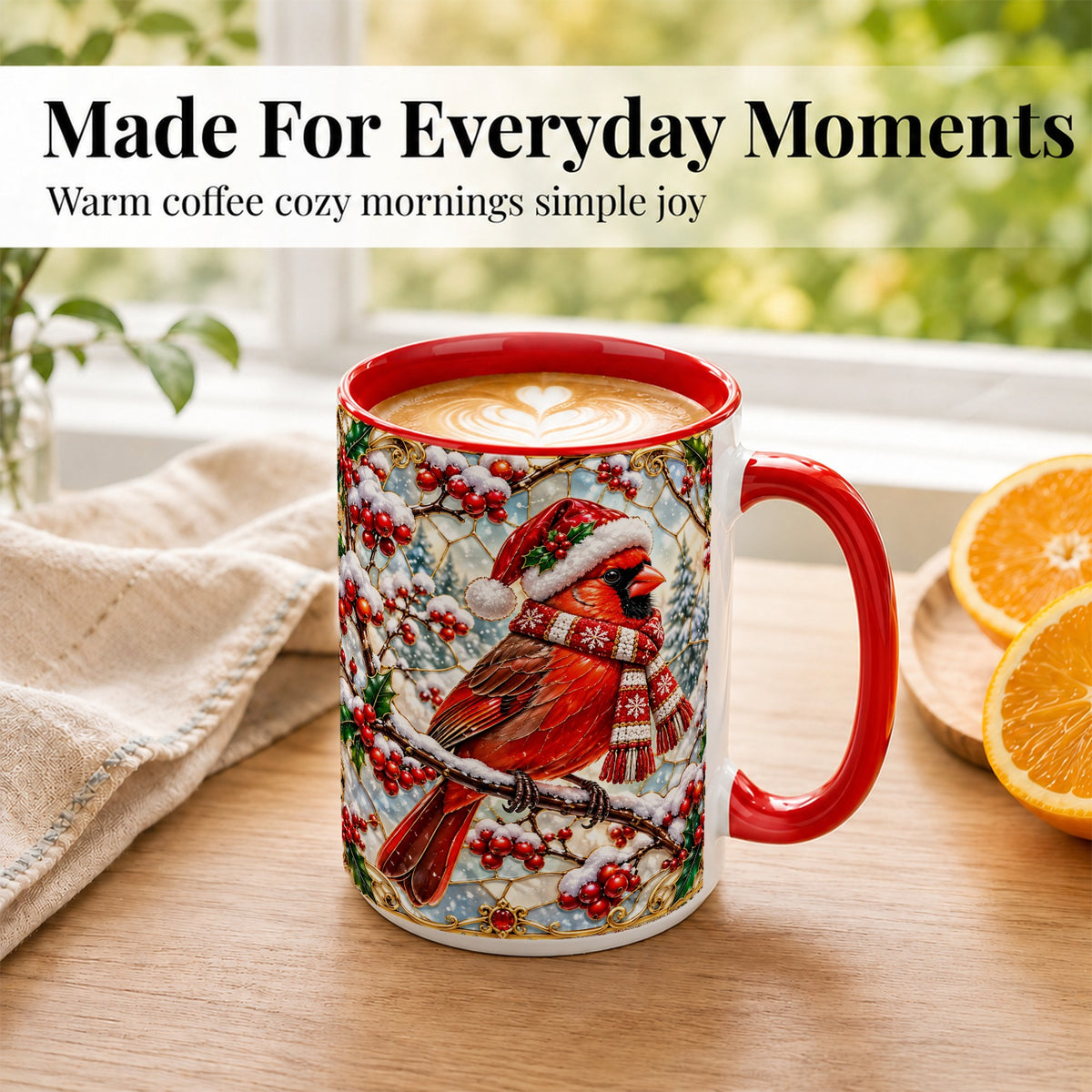 #pl[15oz|Red] Christmas Cardinal Coffee Mug, Scarf Bird Mug, Ceramic Cup