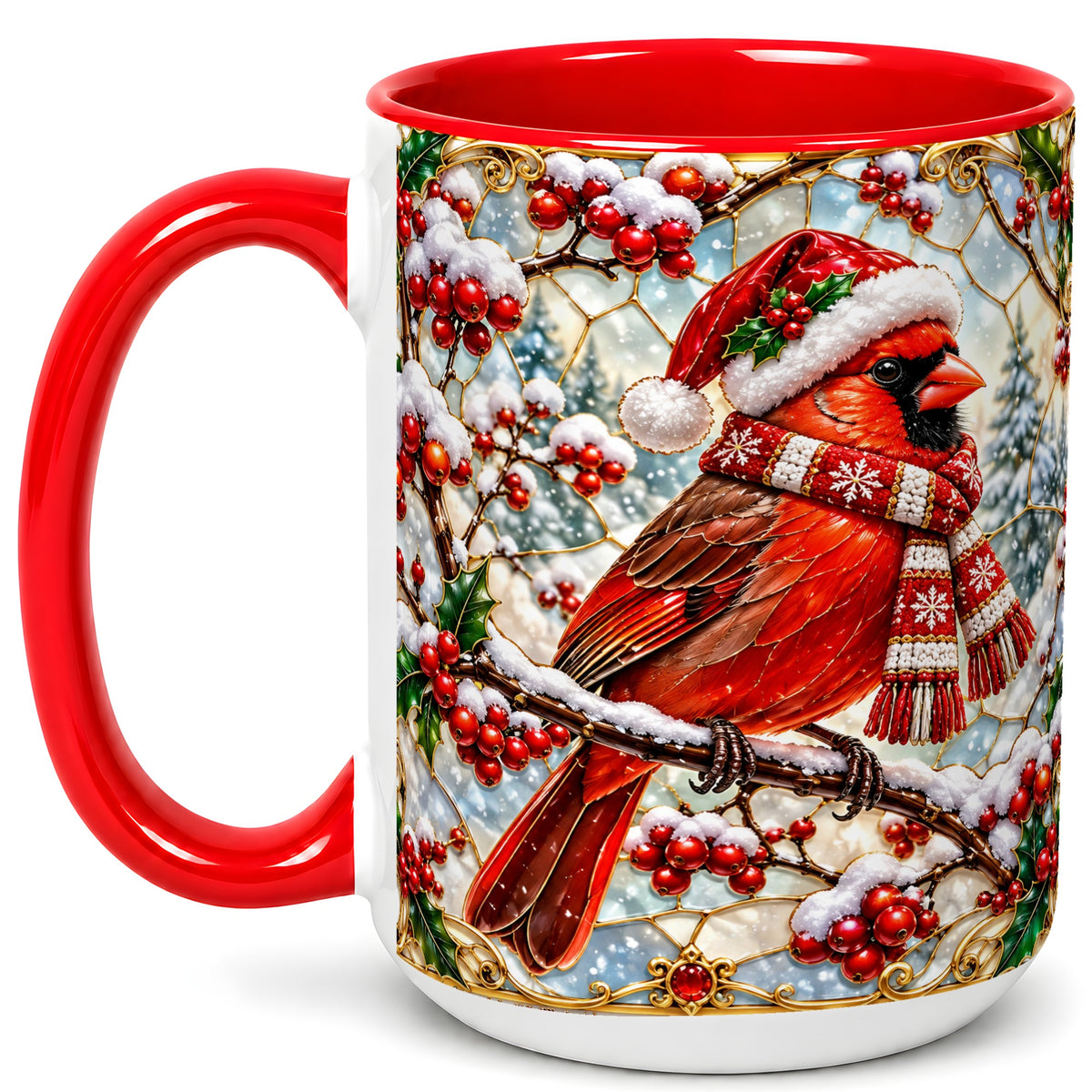 #pl[15oz|Red] Christmas Cardinal Coffee Mug, Scarf Bird Mug, Ceramic Cup