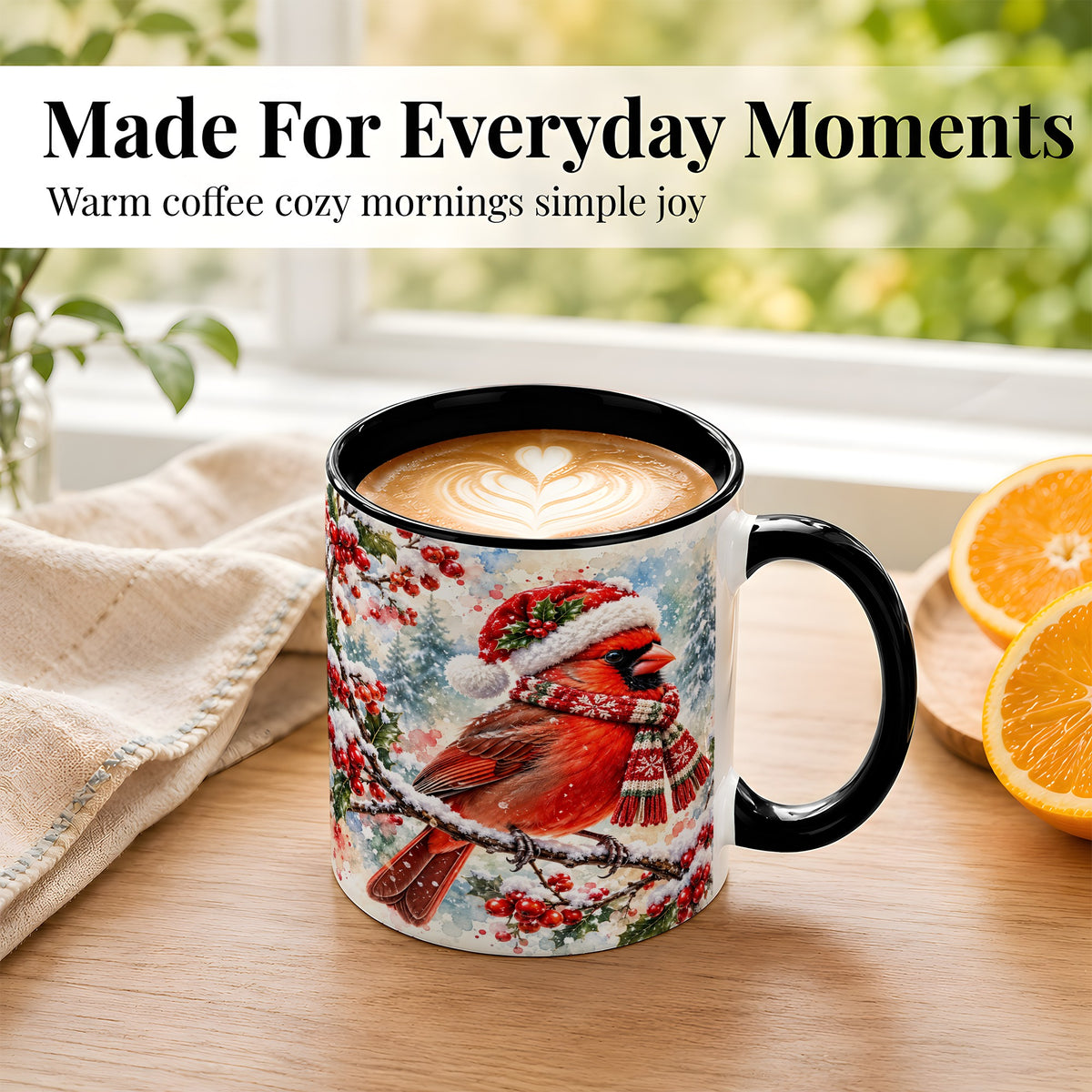 #pl[11oz|Black] Watercolor Cardinal Coffee Mug, Scarf Bird Mug, Ceramic Cup