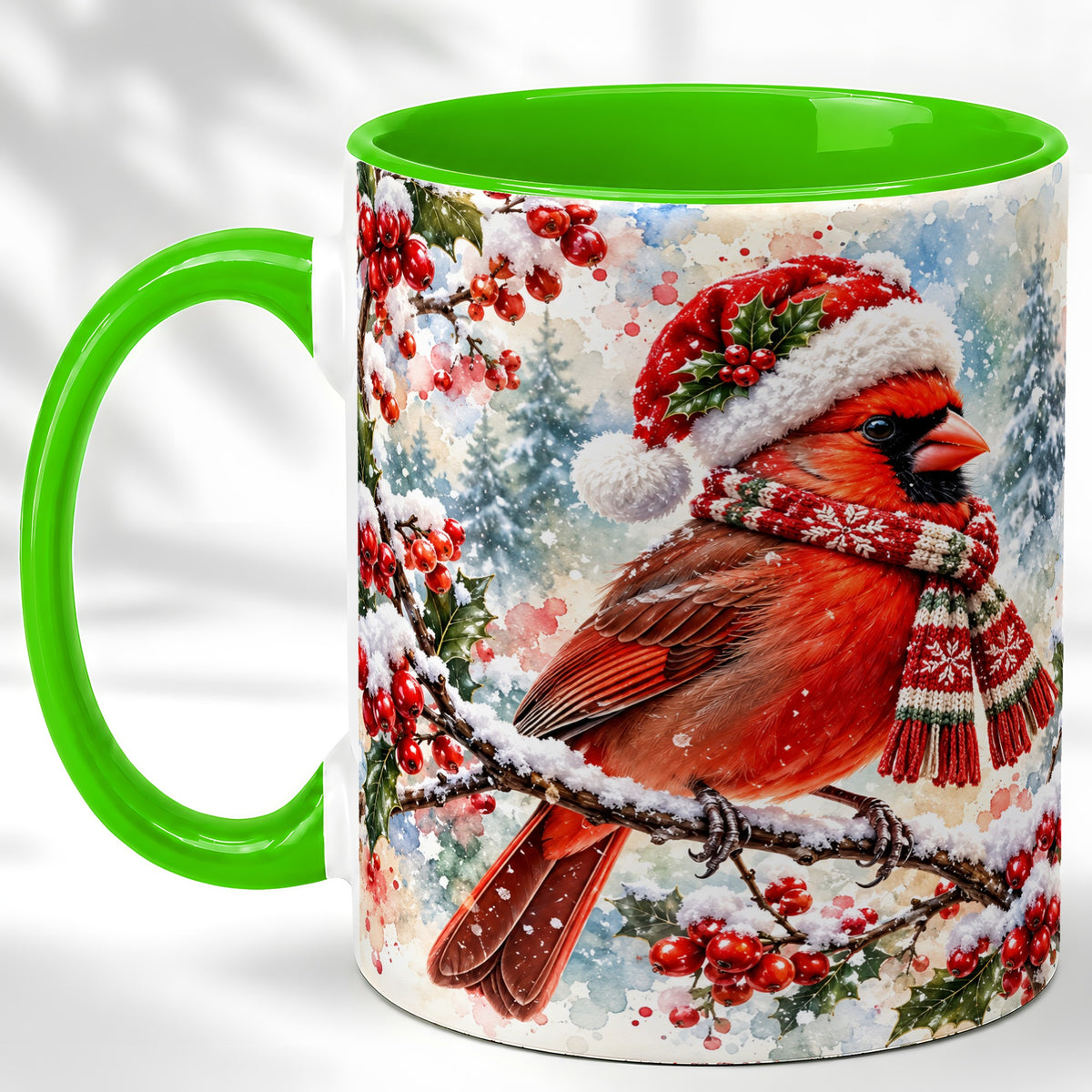#pl[11oz|Green] Watercolor Cardinal Coffee Mug, Scarf Bird Mug, Ceramic Cup