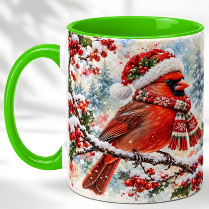 #pl[11oz|Green] Watercolor Cardinal Coffee Mug, Scarf Bird Mug, Ceramic Cup