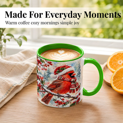 #pl[11oz|Green] Watercolor Cardinal Coffee Mug, Scarf Bird Mug, Ceramic Cup