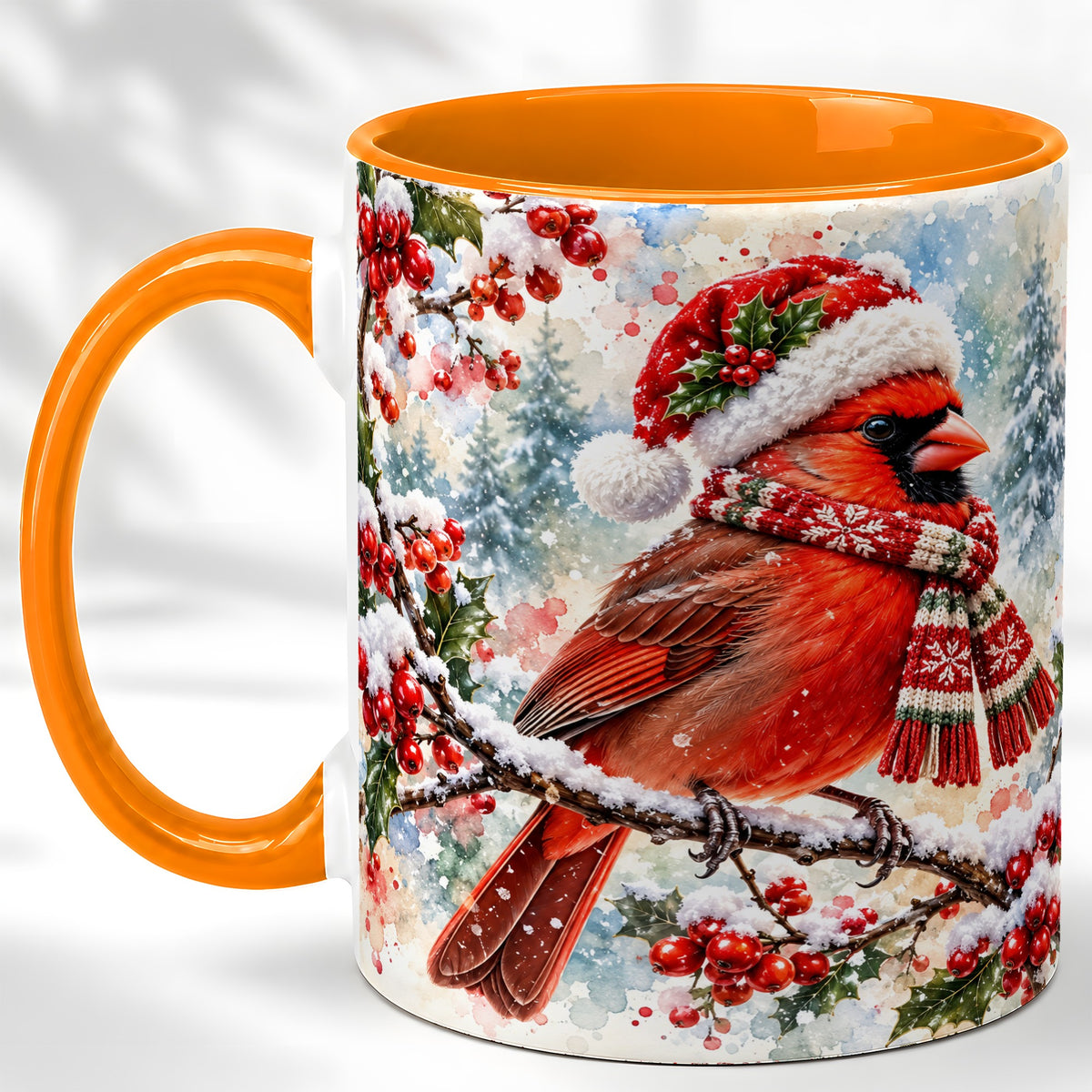 #pl[11oz|Orange] Watercolor Cardinal Coffee Mug, Scarf Bird Mug, Ceramic Cup