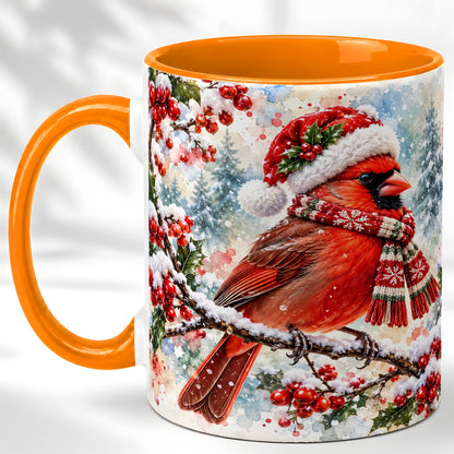 #pl[11oz|Orange] Watercolor Cardinal Coffee Mug, Scarf Bird Mug, Ceramic Cup
