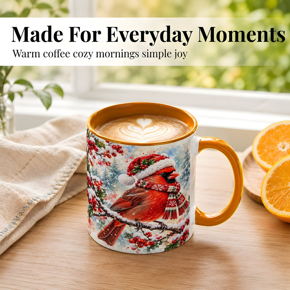 #pl[11oz|Orange] Watercolor Cardinal Coffee Mug, Scarf Bird Mug, Ceramic Cup