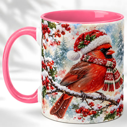 #pl[11oz|Pink] Watercolor Cardinal Coffee Mug, Scarf Bird Mug, Ceramic Cup