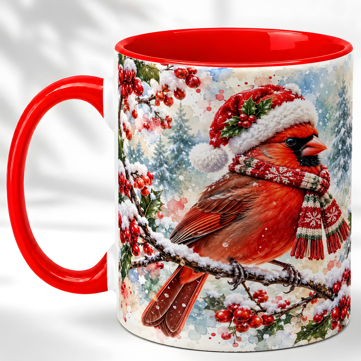 Watercolor Cardinal Coffee Mug, Scarf Bird Mug, Ceramic Cup